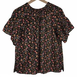 LOFT Top Blouse Sheer Floral Shimmer Metallic Stripe Short Sleeve Tie Back XS